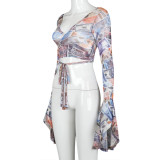 Autumn Party Money Print Wrapped Crop Top with Wide Cuffs