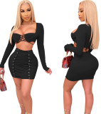 Autumn Party Two Piece Sexy Lace Up Crop Top and Mini Skirt Set