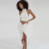 Summer Party White Sexy Scoop Crop Top and Irregular Skirt Set