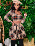Autumn Party Plaid Print Sexy Crop Top and Pleated Skirt Set