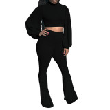 Autumn Casual Solid Puff Sleeve Crop Top and Pants Set