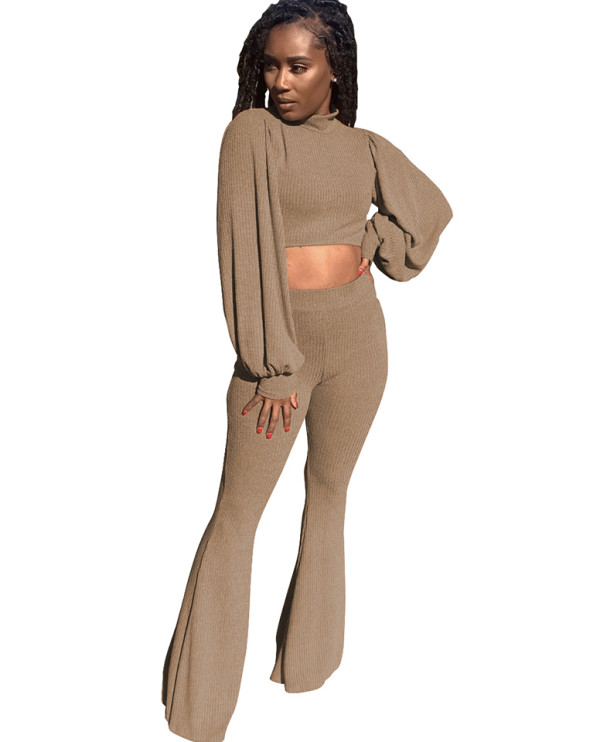 Autumn Casual Solid Puff Sleeve Crop Top and Pants Set