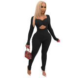 Autumn Party Cut Out Sexy Ribbed Bodycon Jumpsuit