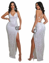 Vestido de noche brillante con cuello halter y abertura lateral sin espalda sexy ocasional
