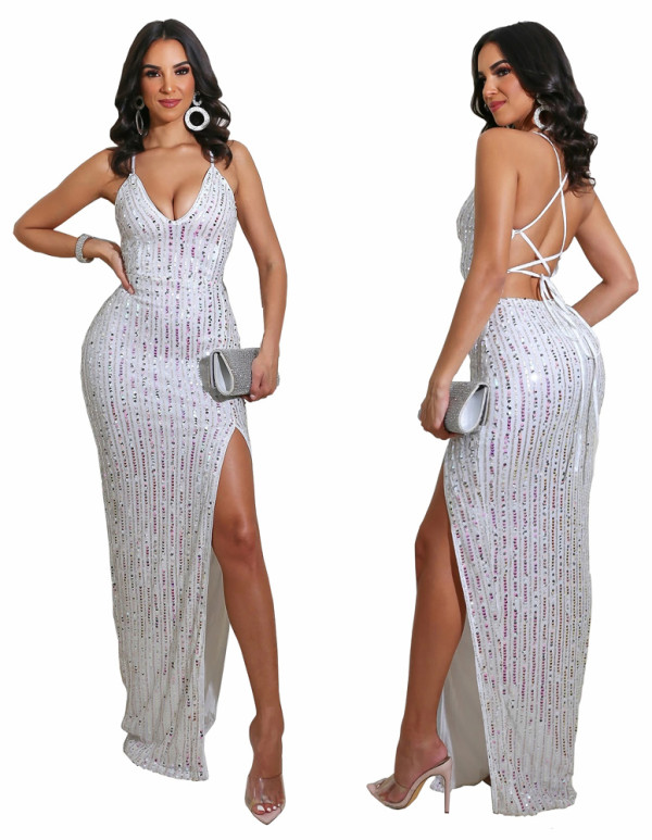 Occassional Sexy Backless Side Slit Halter Neck Sparkly Evening Dress