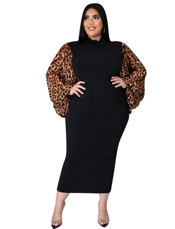 Plus Size Black Party Midi Dress with Leopard Pop Sleeves