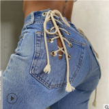 Sexy Blue Lace Up High Waist Skinny Jeans