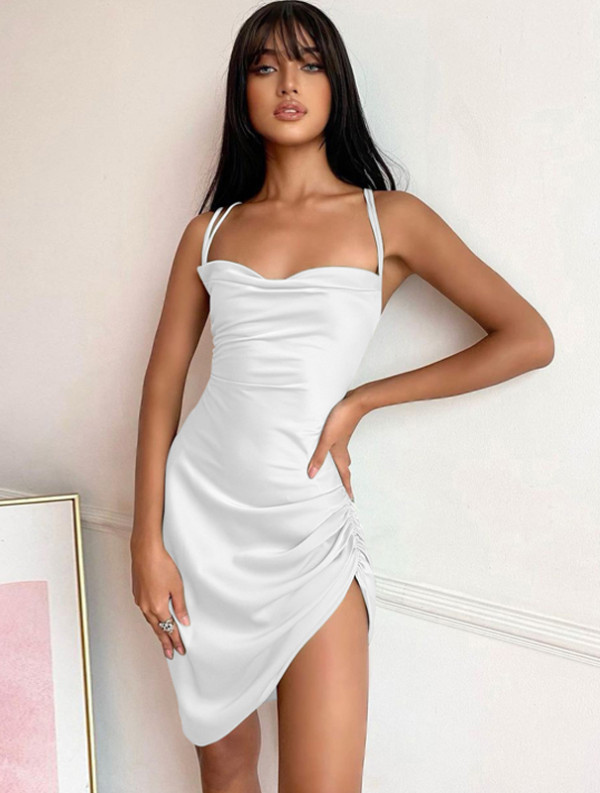 Summer Sexy Solid Irregular Ruched Halter Party Dress
