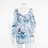 Autumn Vintage Floral Blue Puff Sleeve Mini Dress
