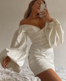Autumn White Formal Puff Sleeve Mini Vintage Dress