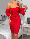 Summer Red Strapless Ruched Formal Midi Dress
