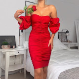 Summer Red Strapless Ruched Formal Midi Dress