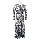 Plus Size Autumn Camou O-Neck Long Maxi Dress