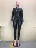 Winter Black Leather Button Up Bodycon Jumpsuit with Belt