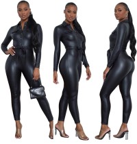 Winter Black Leather Button Up Bodycon Jumpsuit with Belt