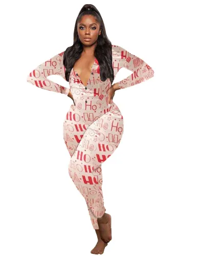 Autumn Print Sexy V-Neck Button Up Onesie Pajama