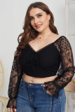 Plus Size Autumn Black Crop Top with Lace Sleeves