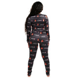 Autumn Cute Print Button Up V-Neck Fitted Onesie Pajama