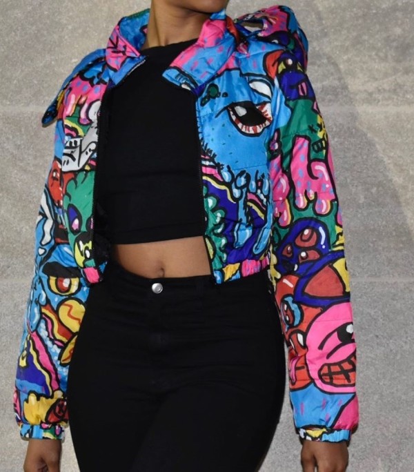 Winter Colorful Print Hooded Zipped Short Jacket