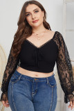 Plus Size Autumn Black Crop Top with Lace Sleeves