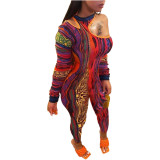 Autumn Sexy Colorful Print Cut Out One Shoulder Bodycon Jumpsuit