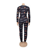 Autumn Cute Print Button Up V-Neck Fitted Onesie Pajama