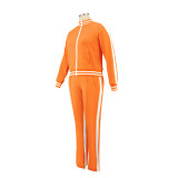 Plus Size Autumn Casual Long Sleeve Orange Zipper Tracksuit With Striped Trim Detail