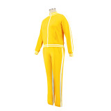 Plus Size Autumn Casual Long Sleeve Yellow Zipper Tracksuit With Striped Trim Detail
