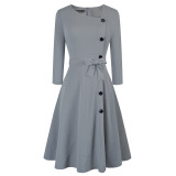 Vintage Style Solid Button Up Decent Dress