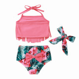 Baby Girl Tassels Bikini Top and Floral Bottom Swimwear with Matching Headband