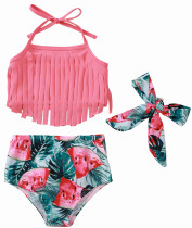 Bikini con borlas para bebé niña y traje de baño con fondo floral y diadema a juego