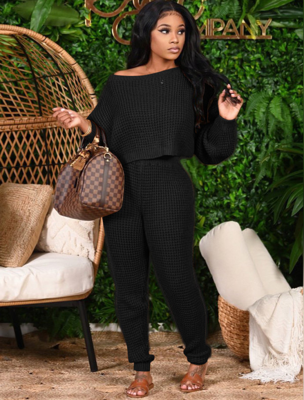 Solid Plain Casual Crop Top and Pants Lounge Set