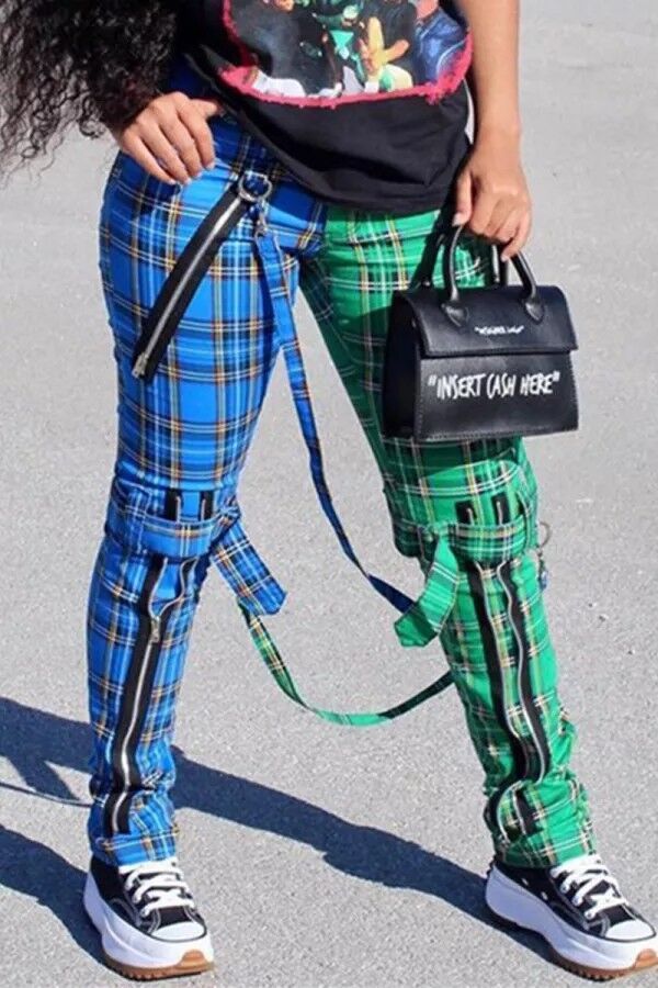 Summer Plaid Print Contrast Zipped Trousers