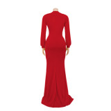 Spring Long Sleeve Deep-V Front Slit Mermaid Red Evening Dress