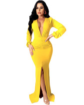Spring Long Sleeve Deep-V Front Slit Mermaid Yellow Evening Dress