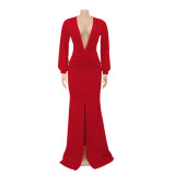 Spring Long Sleeve Deep-V Front Slit Mermaid Red Evening Dress