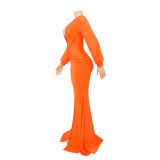 Spring Long Sleeve Deep-V Front Slit Mermaid Orange Evening Dress