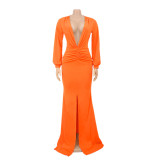Spring Long Sleeve Deep-V Front Slit Mermaid Orange Evening Dress