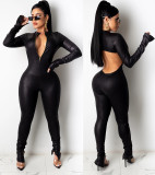 Spring Black Cut Out Black Sexy Leather Party Jumpsuit