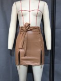 Spring Side Zipped High Waist Leather Mini Skirt