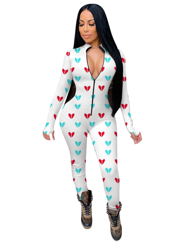 Winter Print Front Zipped Bodycon Jumpsuit