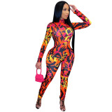 Winter Party Print Turtleneck Sexy Bodycon Jumpsuit