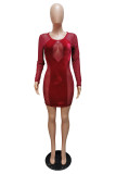 Spring Sexy Red Mesh Patch Velvet Party Bodycon Dress
