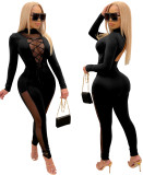 Winter Mesh Patch Sexy Lace Up Bodycon Jumpsuit