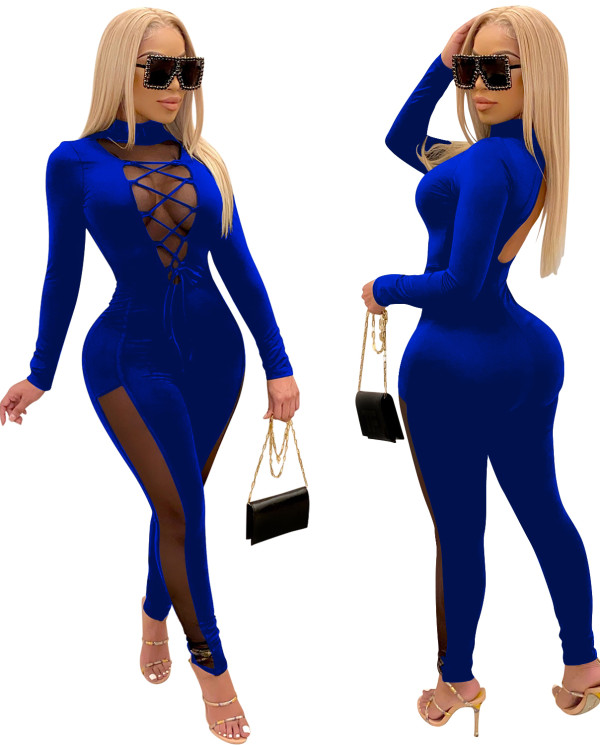 Winter Mesh Patch Sexy Lace Up Bodycon Jumpsuit