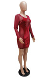 Spring Sexy Red Mesh Patch Velvet Party Bodycon Dress