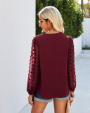 Spring Solid V-Neck Blouse with Mesh Sleeves