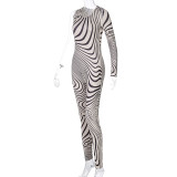 Spring Party Sexy Zebra Print Bodycon Jumpsuit with Single Sleeve