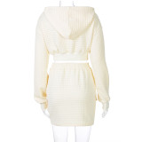 Winter Casual Zipped Hoody Crop Top and Pocket Mini Skirt Matching Set