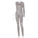 Spring Party Sexy Zebra Print Bodycon Jumpsuit with Single Sleeve